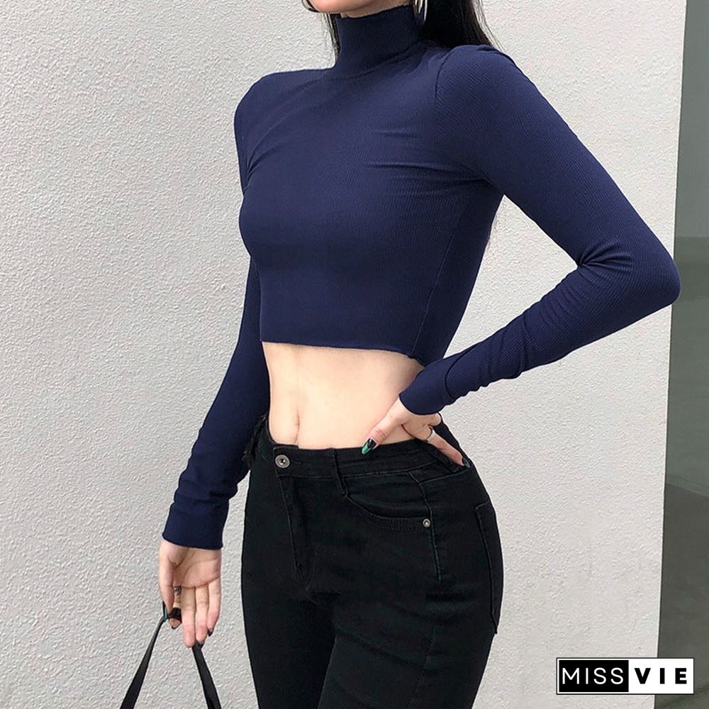 Casual Solid O-Neck Long Sleeve Crop Top Women Side Drawstring Ruched White T-Shirt Female Tee Shirt Top For Women Clothing