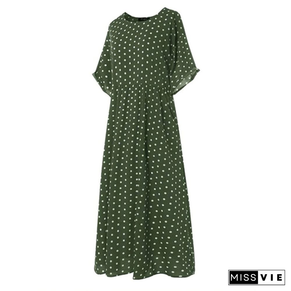 Women Summer Retro Polka Dot Printed Long Dress Casual Loose O-neck Short Sleeve Tunic Dress Maxi Dress Vestidos S-5XL