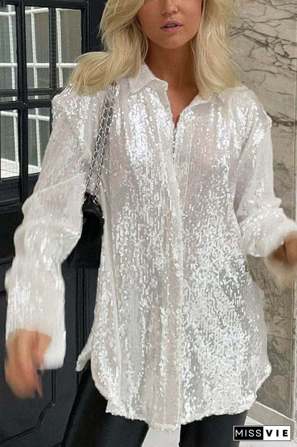 Sequin Oversized Button Shirt