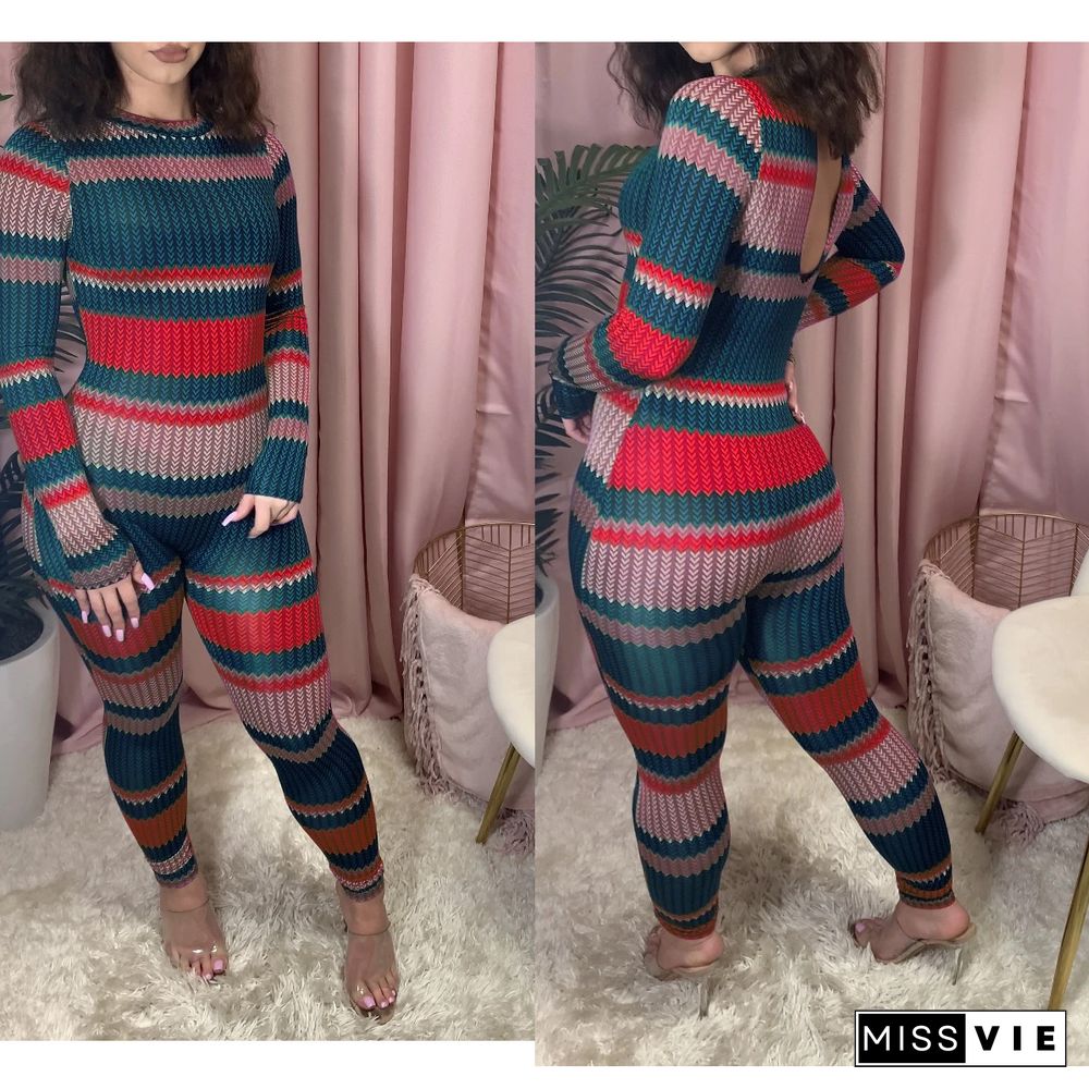 Women's Striped Print Long Sleeve High Waist Jumpsuit