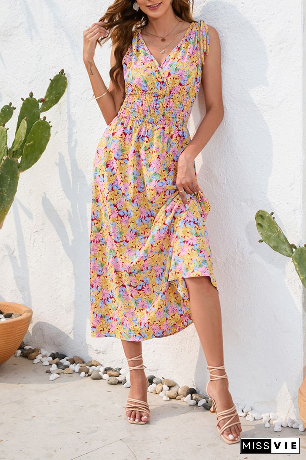 V Neck Floral Print Elastic Waist Dress