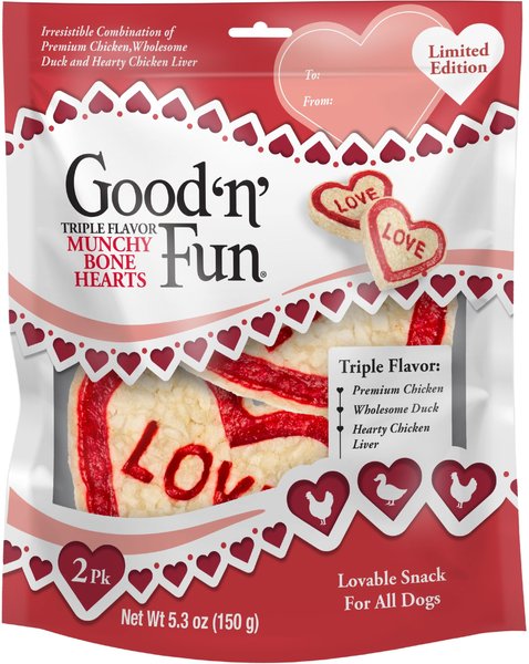 Good‘n’Fun Valentine Munchy Hearts Dog Rawhide Treat， 5.3-oz bag， 2 count