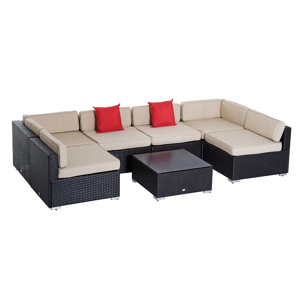 Outsunny 7 PCS PE Rattan Outdoor Conversation Sofa Set Sectional  Patio Furniture sets w/ 6 Cushioned Seat and 1 Tempered Glass Topped Coffee Table Beige