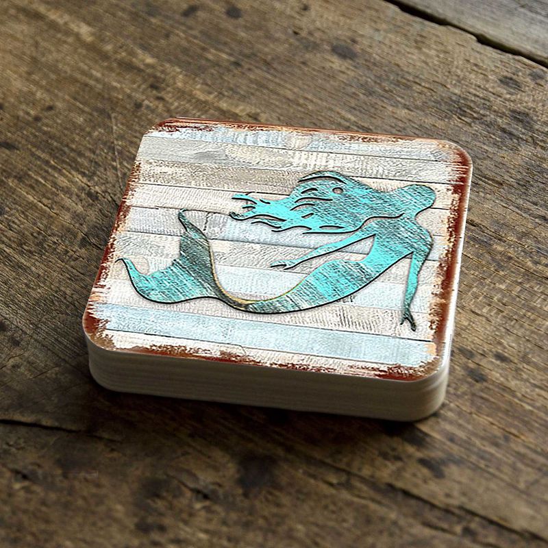 Mermaid Coastal Wooden Cork Coasters Gift Set of 4 by Nature Wonders