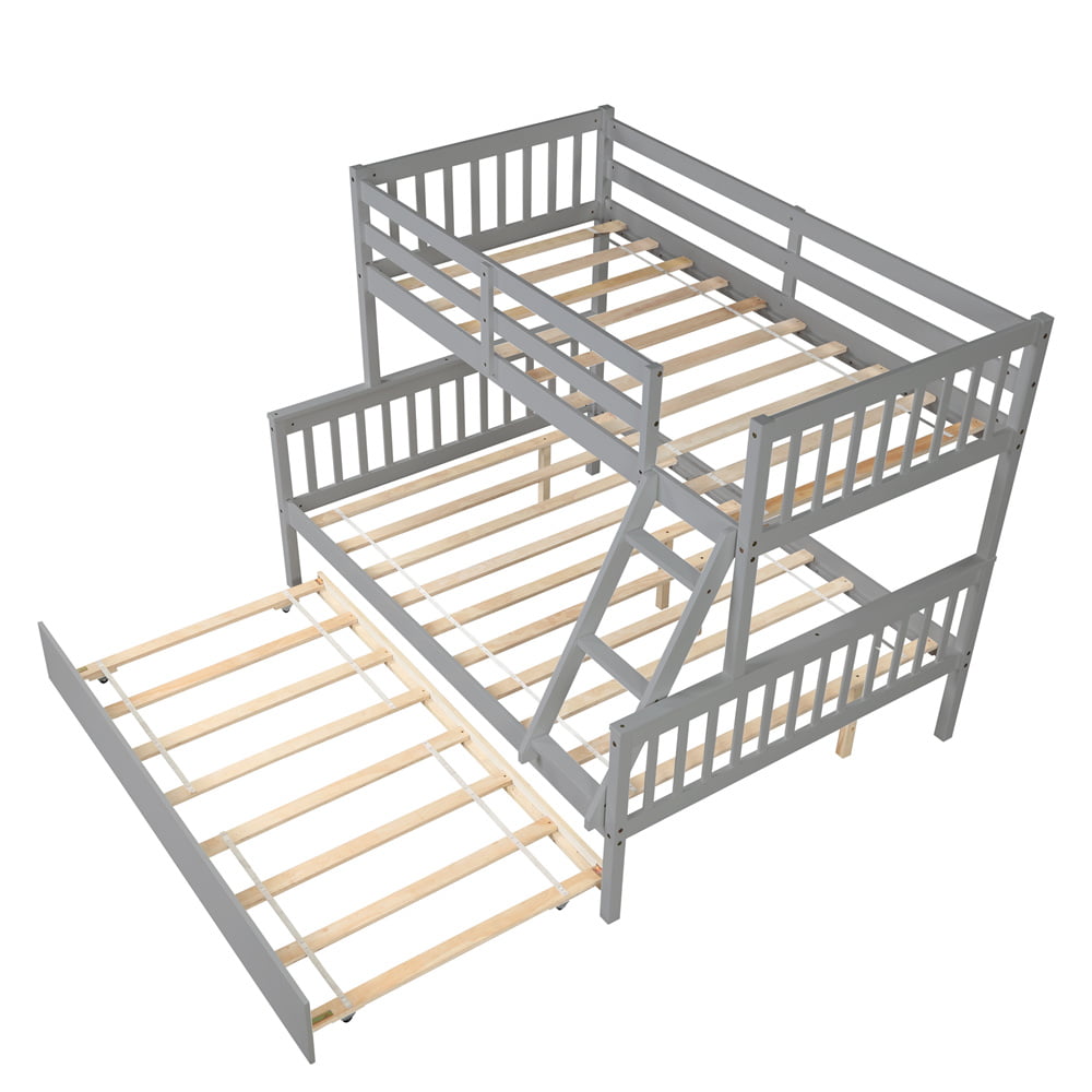 Vanelc Twin Over Full Bunk Bed with Trundle, Pine Wood Frame and Ladder with Guard Rails for Teens, Boys, Girls, Gray