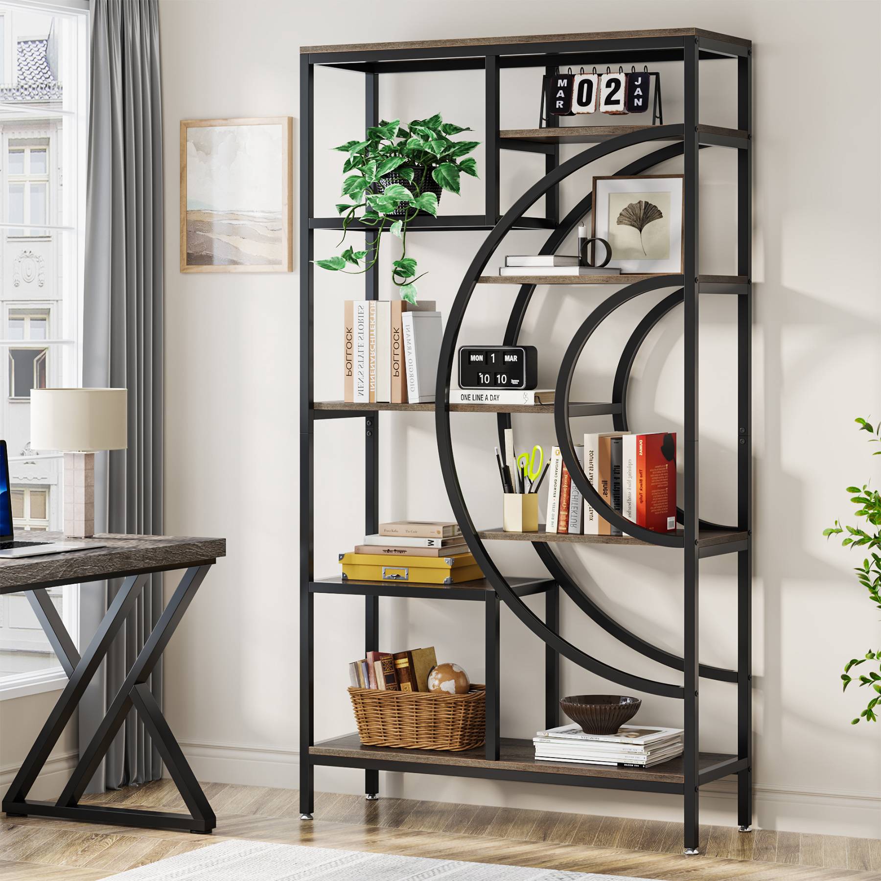 8-Tier Bookshelf, 71 Geometric Bookcase, Industrial Etagere Shelving Unit