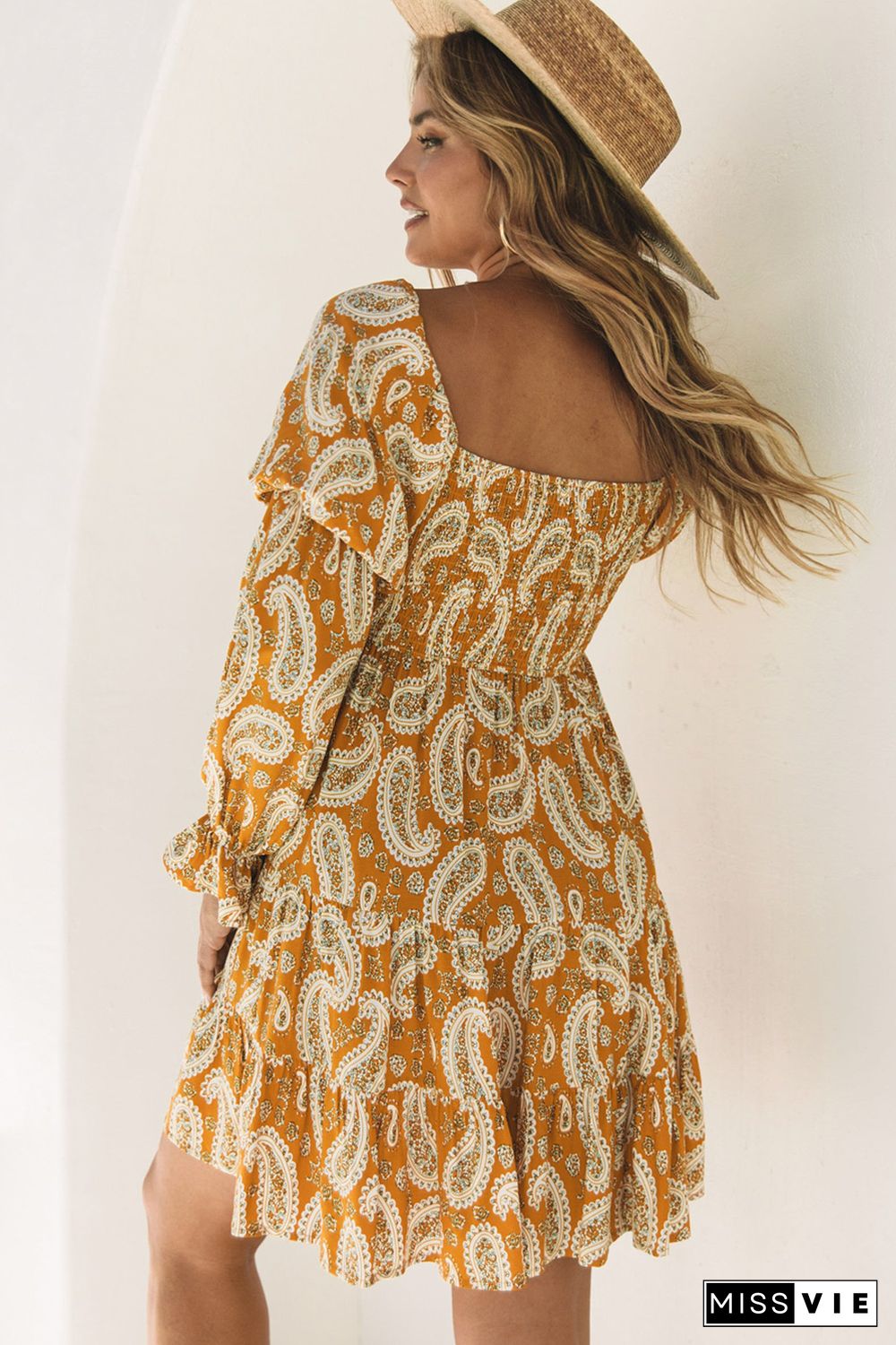 Yellow Boho Paisley Long Sleeve Floral Dress