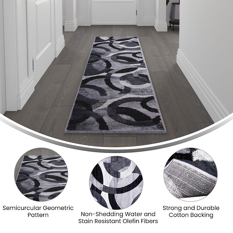 Masada Rugs Masada Rugs， Thatcher Collection Accent Rug with Interlocking Circle Pattern in Black/Grey with Olefin Facing and Natural Jute Backing - 2'x7' Runner