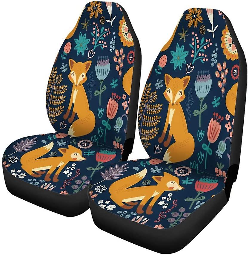 Set Of 2 Car Seat Covers Cartoon Fox Flower Leaves Universal Auto Front Seats Protector Fits For Car，suv Sedan，truck