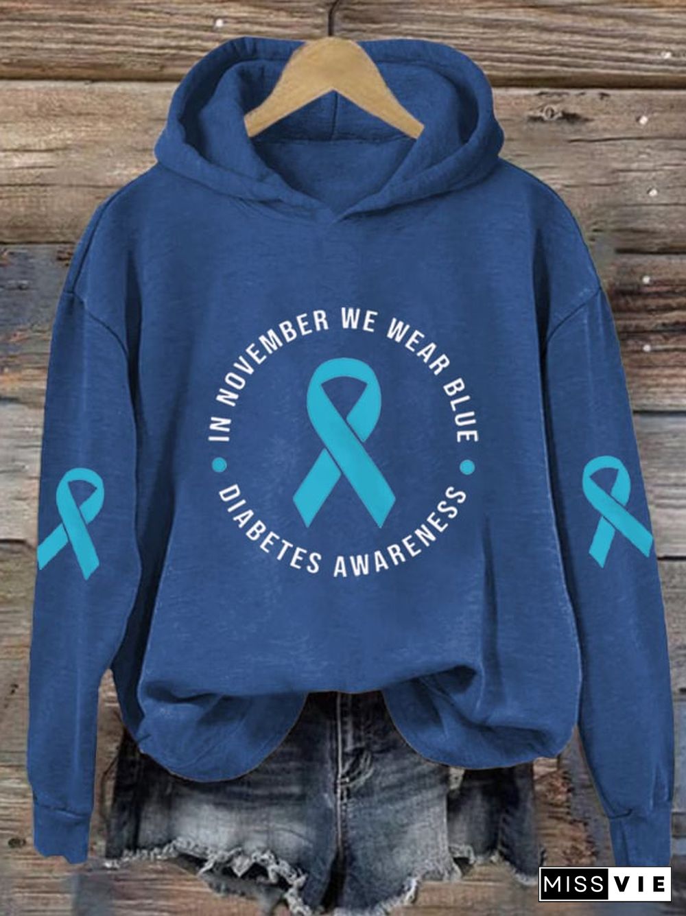 Women's In November We Wear Blue Printed Casual Hoodie