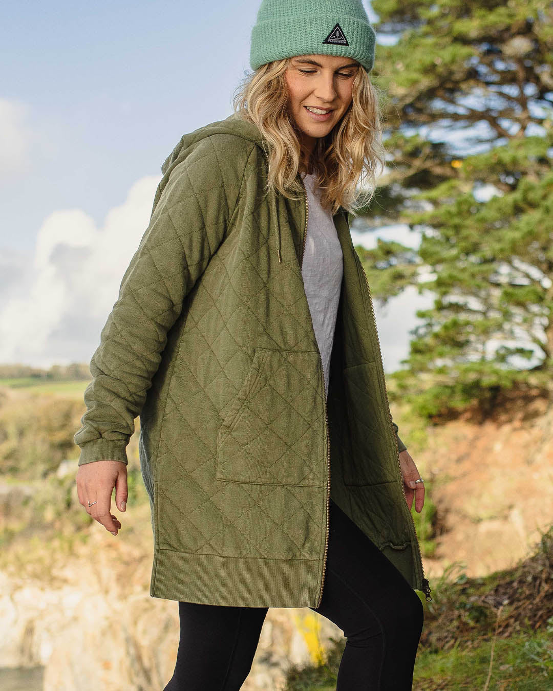 Getaway Recycled Quilted Full Zip Hoodie - Khaki