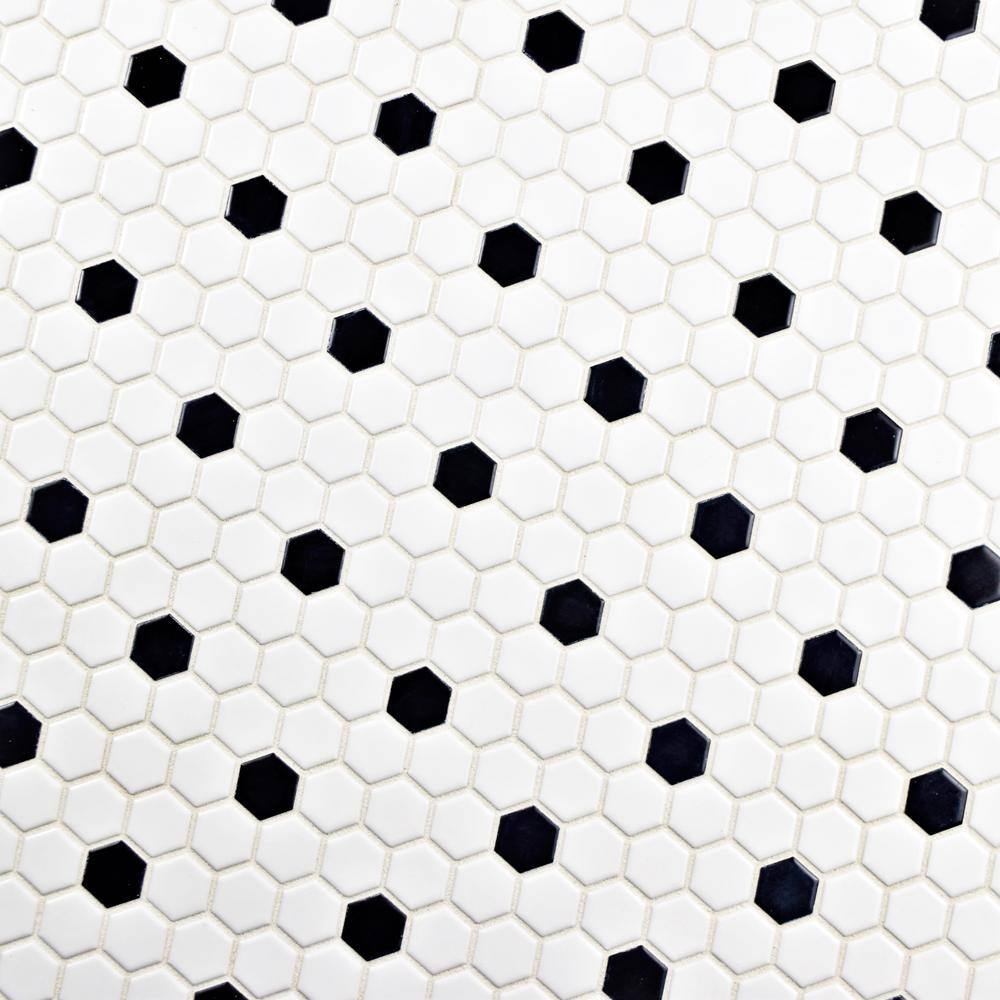 Merola Tile Metro Hex Matte White with Black Dot 10-14 in. x 11-78 in. Porcelain Mosaic (8.6 sq. ft.Case) FDXMHMWD