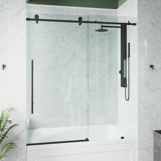 VIGO Elan E-Class 56 to 60 in. W x 66 in. H Sliding Frameless Tub Door in Matte Black with 38 in. (10mm) Clear Glass VG6021MBCL6066