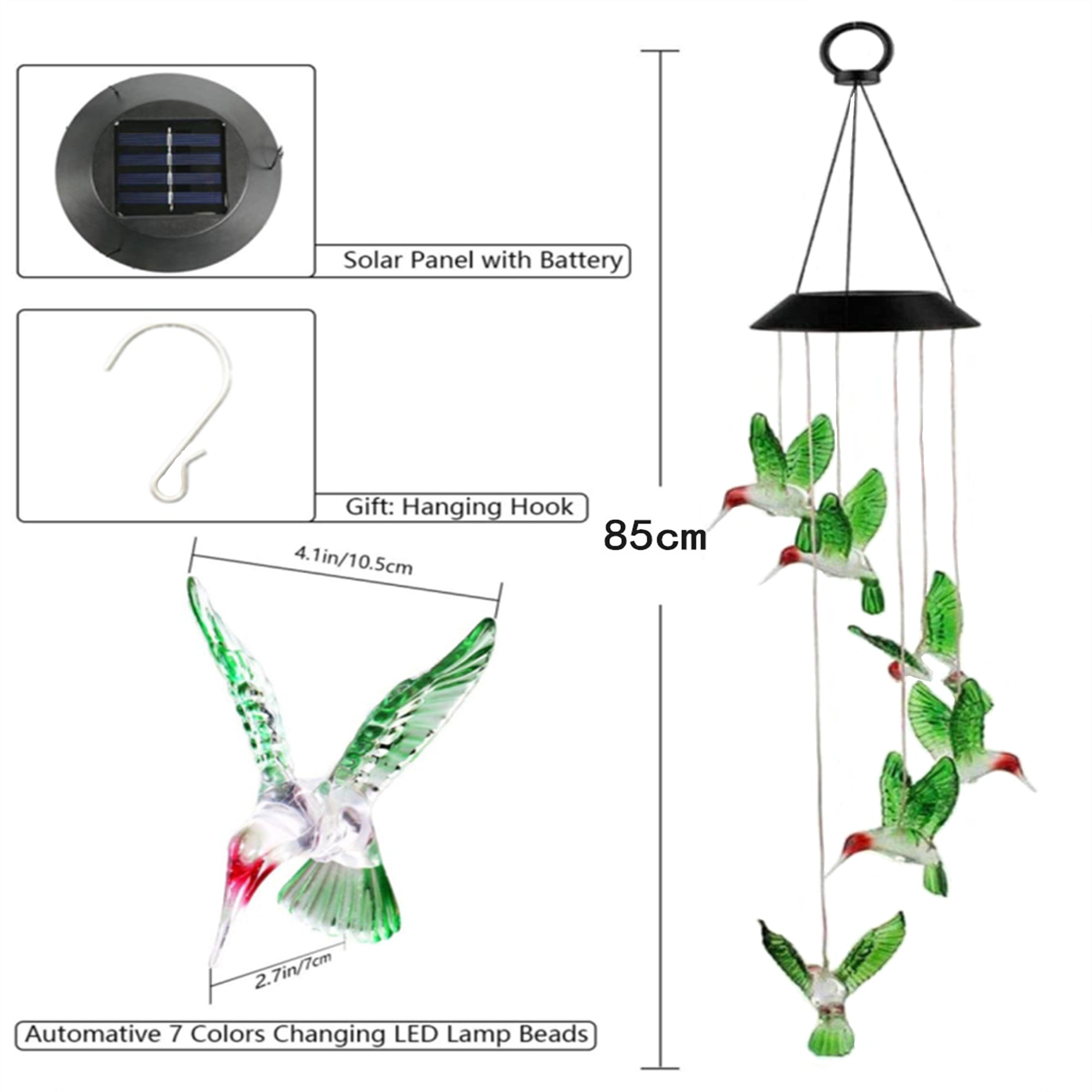 LED Wind Chime A Delightful Hummingbird-Themed LED Wind Chime， Solar-Powered and Waterproof (IP65)， Designed to Enhance the Aesthetic Appeal of Courtyards and Windows