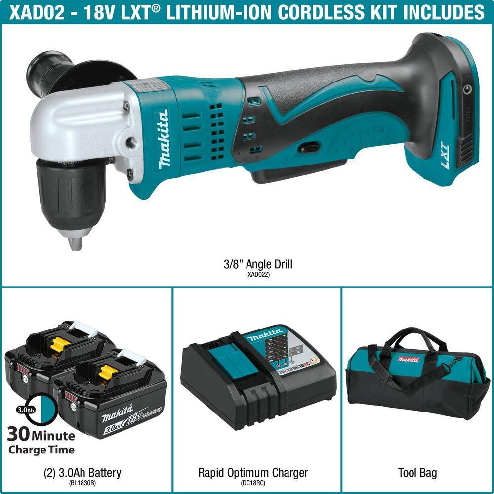 Makita 18V LXT Lithium-Ion 38 in. Cordless Angle Drill Kit with (2) Batteries 3.0Ah Charger Tool Bag XAD02