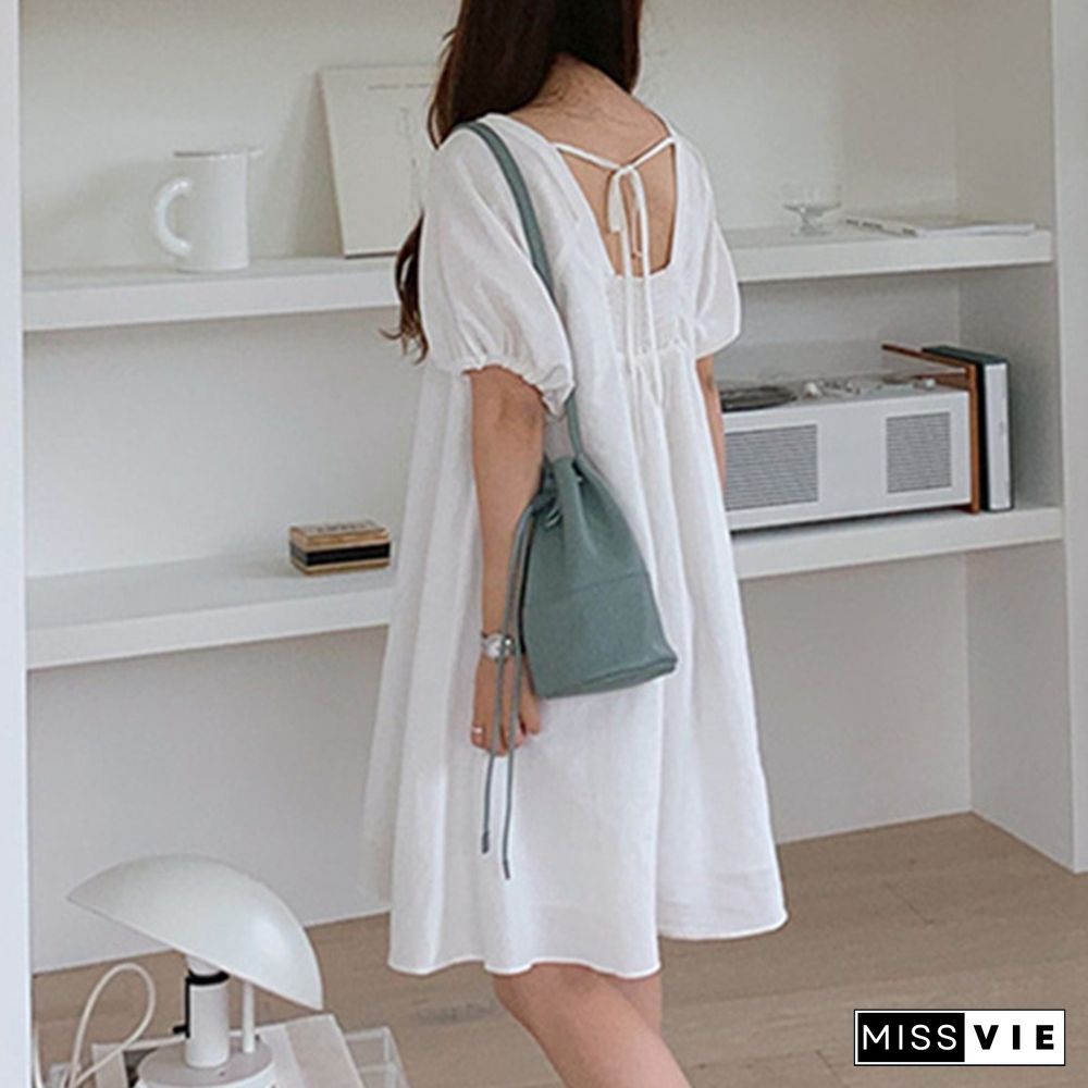 Oversized Women Retro Loose Party Solid Cotton Short Sleeve Sundress Elastic Cuff Mini Shirt Dress