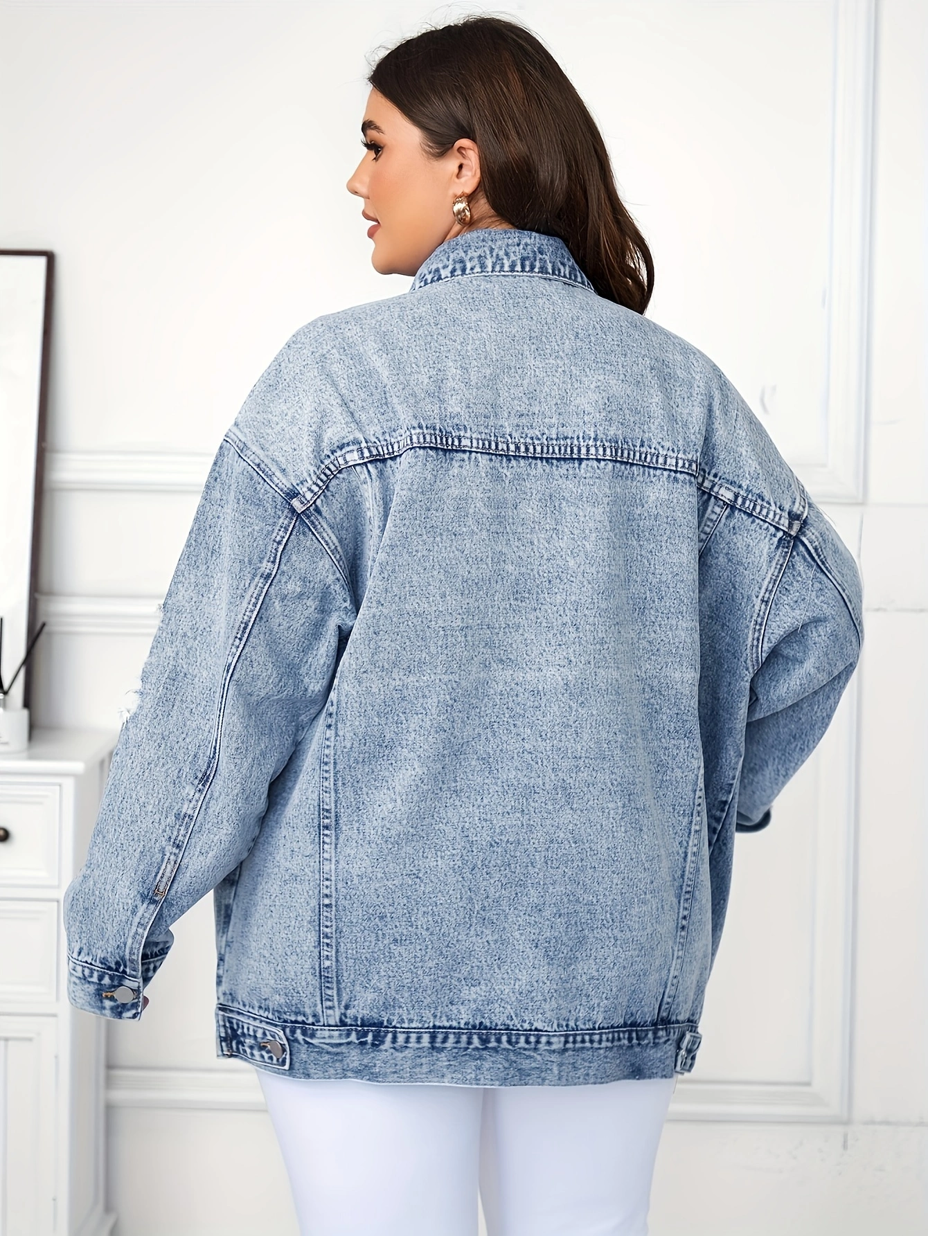 Plus Size Ripped Distressed Washed Blue Plain Long Sleeve Casual Denim Jacket for Women - Fashionable, Comfortable, and Versatile - Perfect for Daily Wear, Outdoor Activities, and Stylish Layering