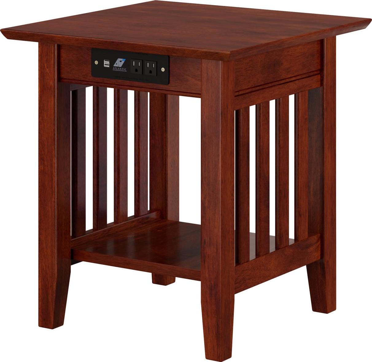 Mission End Table with Charging Station in Walnut or Caramel