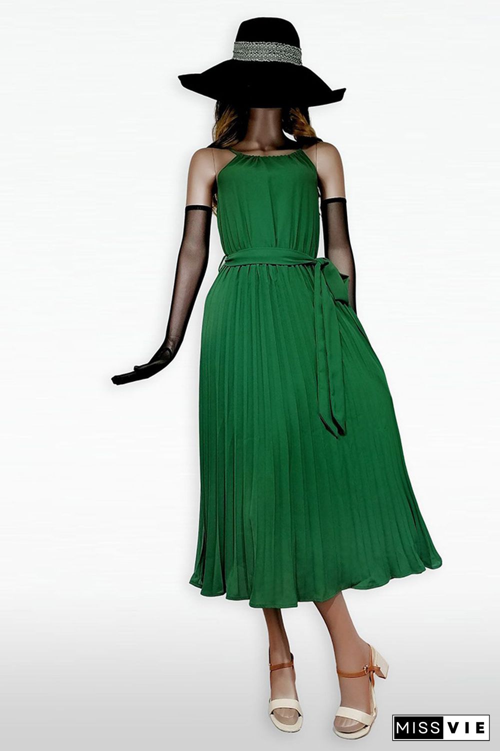 Plain Halter Pleated Maxi Dress With Sash