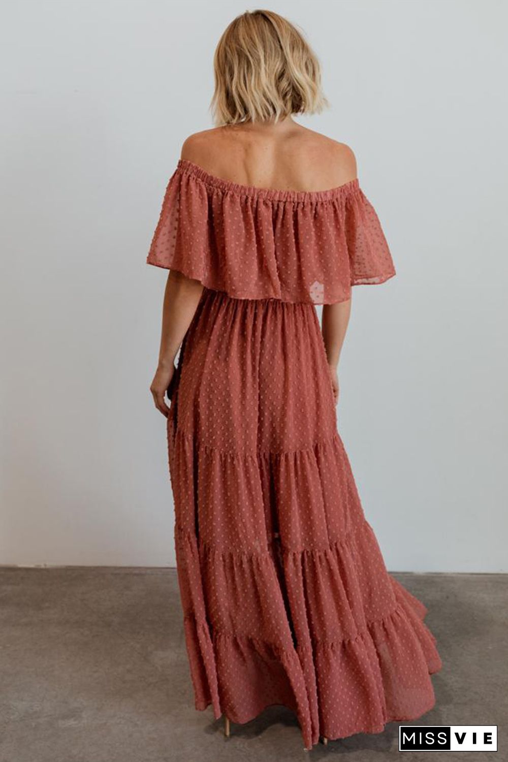 Rust Red Off Shoulder Ruffle Swiss Dot Maxi Dress