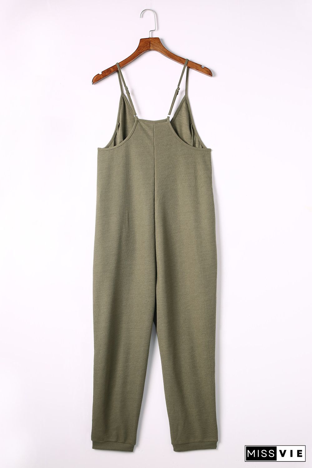 Green Textured Sleeveless V-Neck Pocketed Casual Jumpsuit