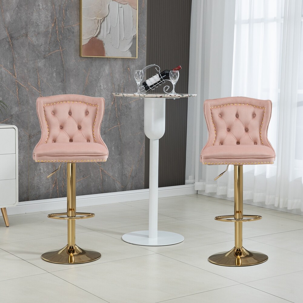 Velvet Upholstered Tufted Swivel Adjustable Height Bar Stools With Golden Footrest(set of 2)