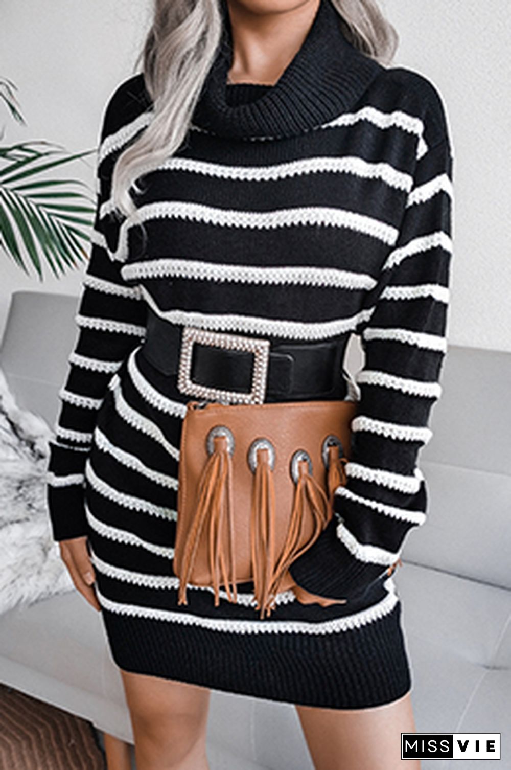 Casual Striped Split Joint  Contrast Turtleneck Dresses  (Without Belt)