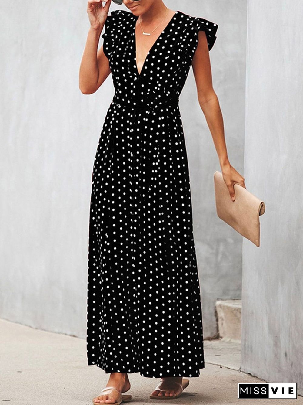 V-neck Ruffle Sleeve Wrap Maxi Dress P16306