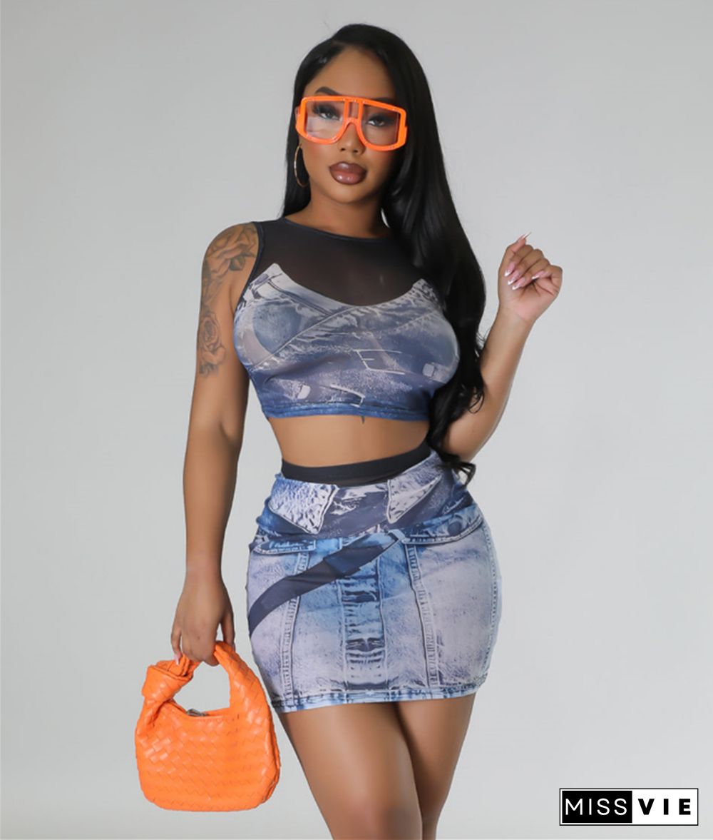 Mesh Print Sleeveless Tank Tops Mini Skirt 2 Piece Sets