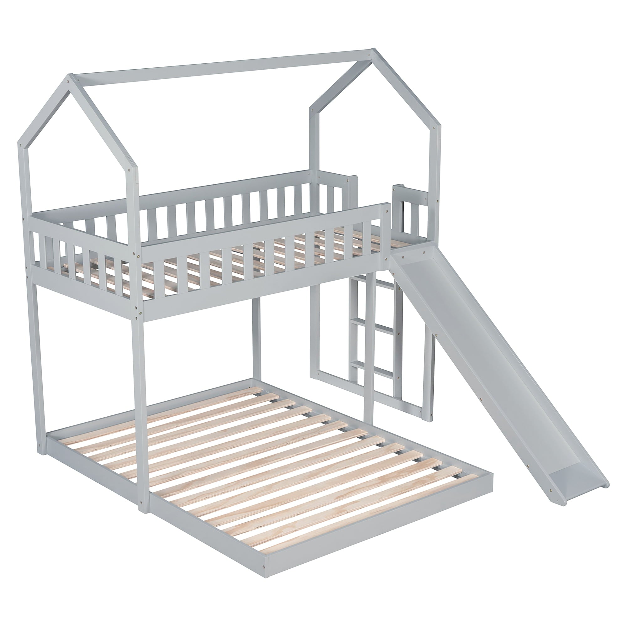 Modern Wood Twin over Full House Bunk Bed for Kids Bedroom, Gray