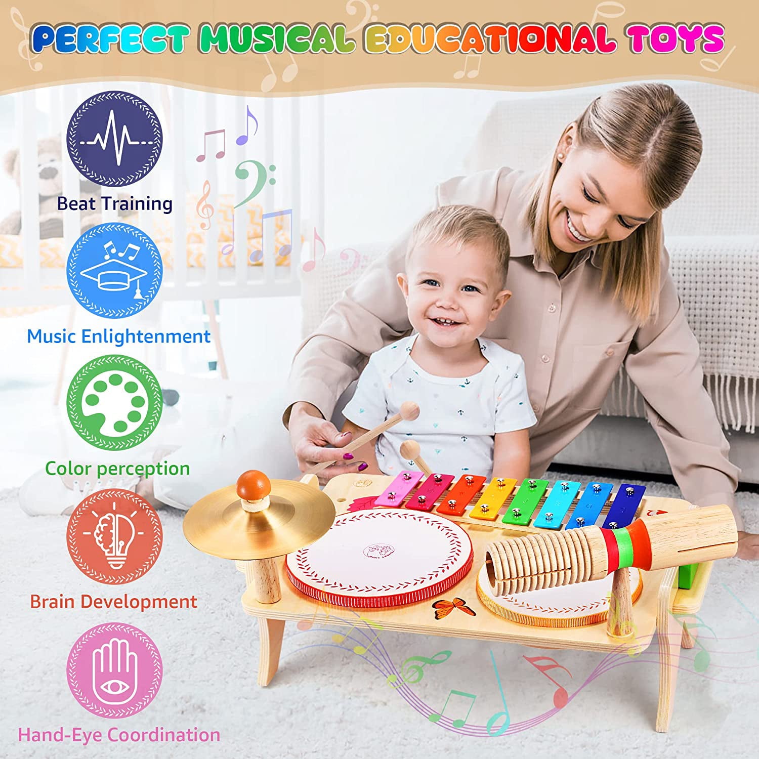 SWEET TIME Kids Drum Set for Toddlers Baby Music Instrunents 7 in 1Montessori Preschool Musical Toys Children Drum kit Xylophone Tambourine Birthday Gifts for Boys and Girls