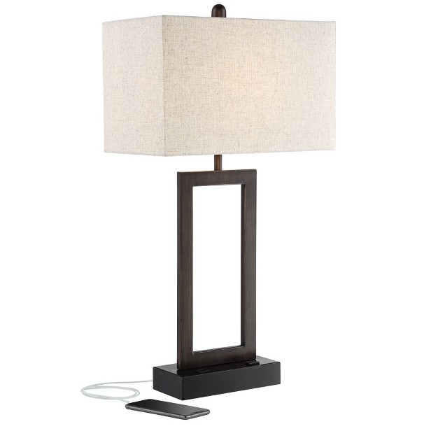 Tall Bronze Rectangular With Usb And Ac Power Outlet In Base Oatmeal Fabric Shade For Living Room Office House