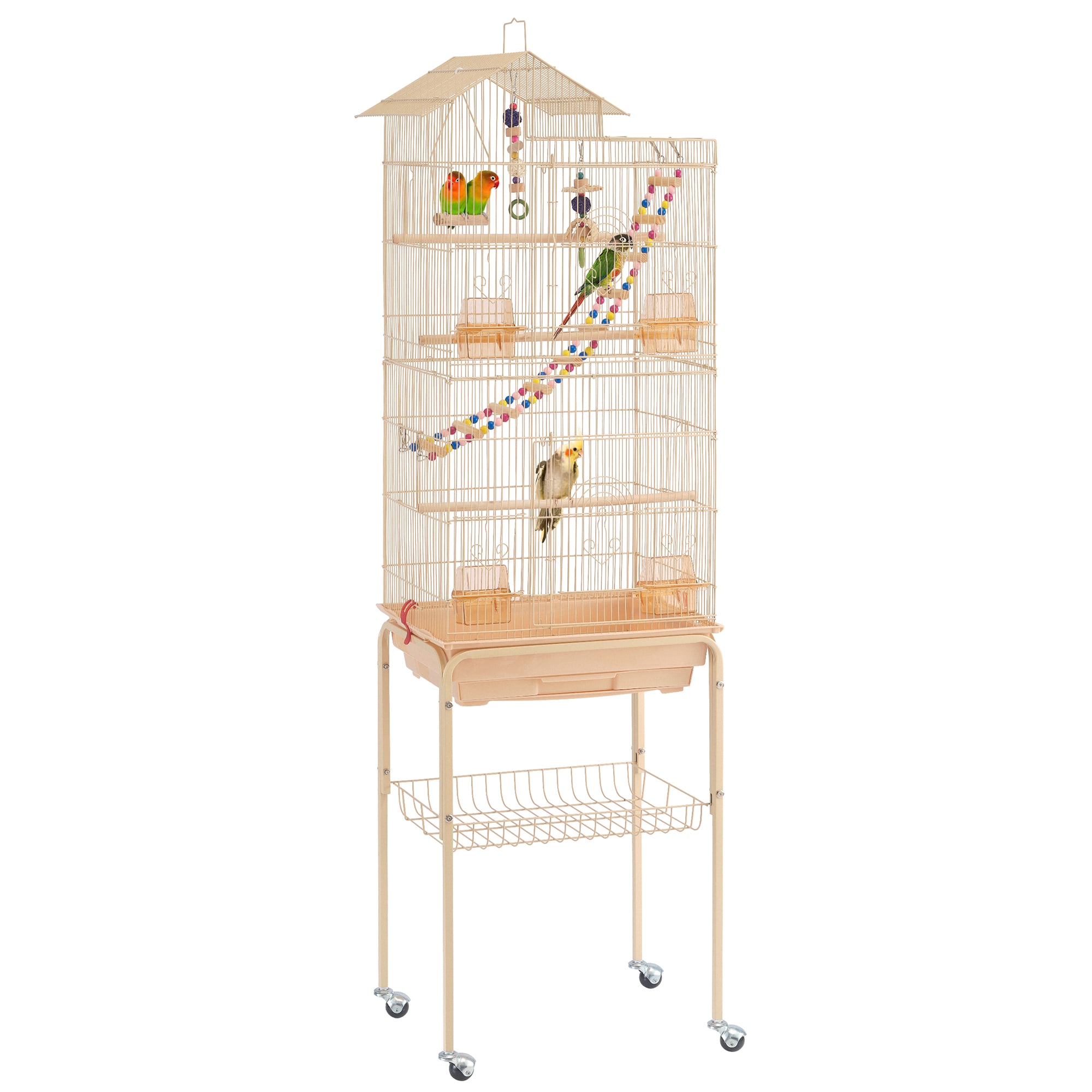 TOPEAKMART Almond Metal Bird Cage with Ladder Toy and Rolling Detachable Stand， 62.4 H