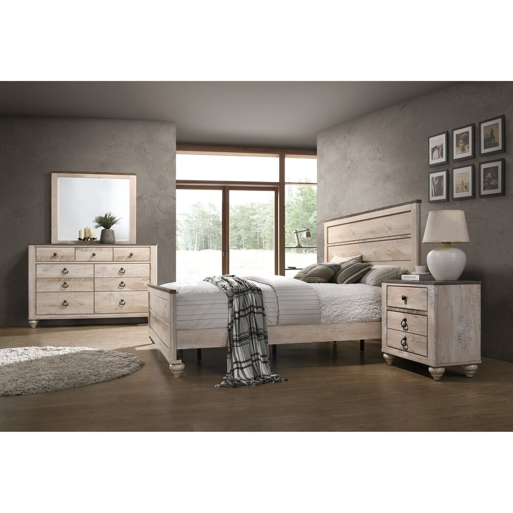 Roundhill Furniture Imerland Contemporary White Wash Finish 4 Piece Bedroom Set  Queen