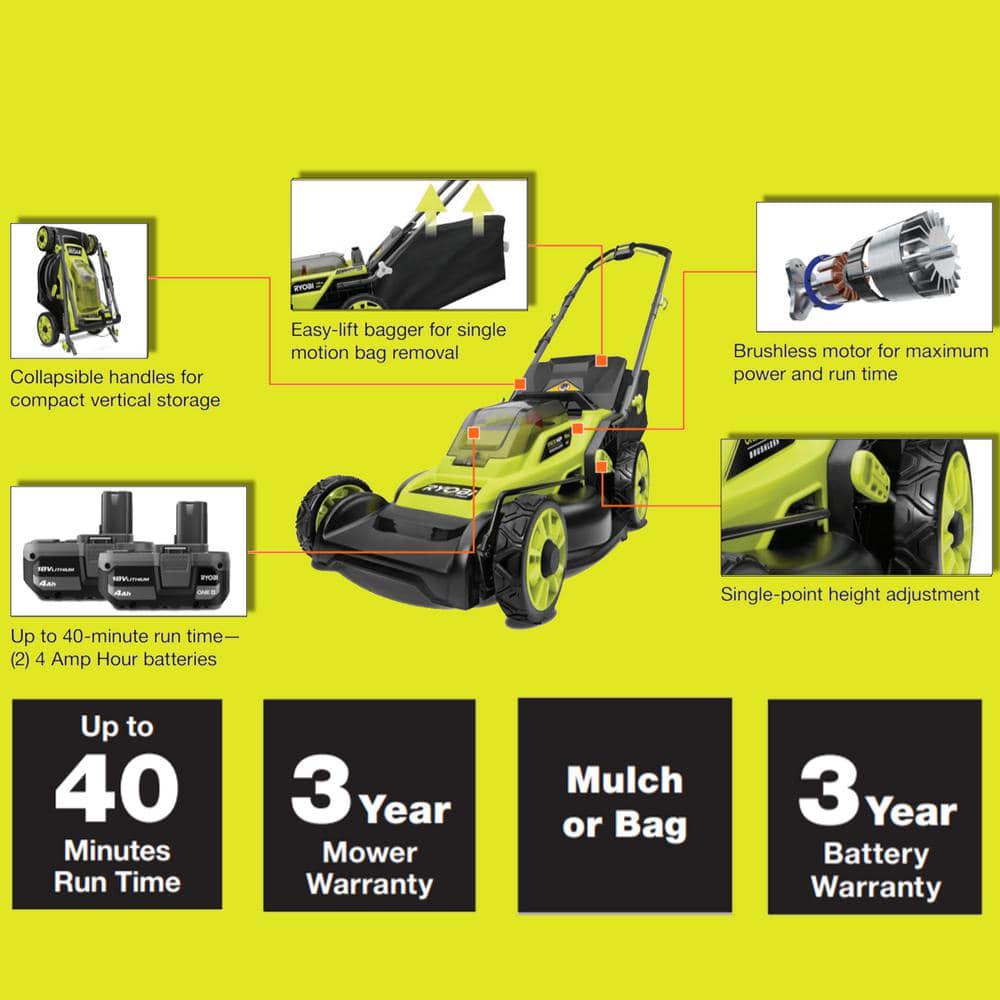 RYOBI ONE HP 18V Brushless Cordless Battery Walk Behind Push Lawn MowerTrimmerBlower with