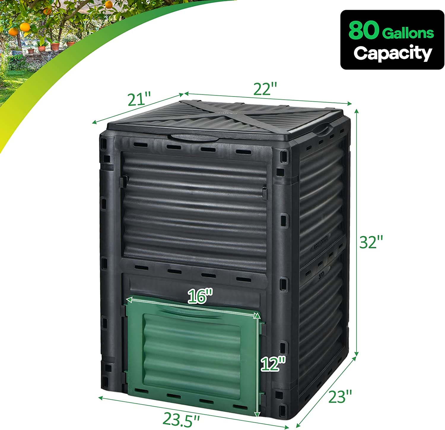 Goplus Compost Bin, 80 Gallon (300 L) Large Outdoor Composting Box w/Top Flip Latch-on Lid, Bottom Exit Door, BPA Free Material, Grass Food Trash Composter Barrel for Garden Yard, Easy Assembly