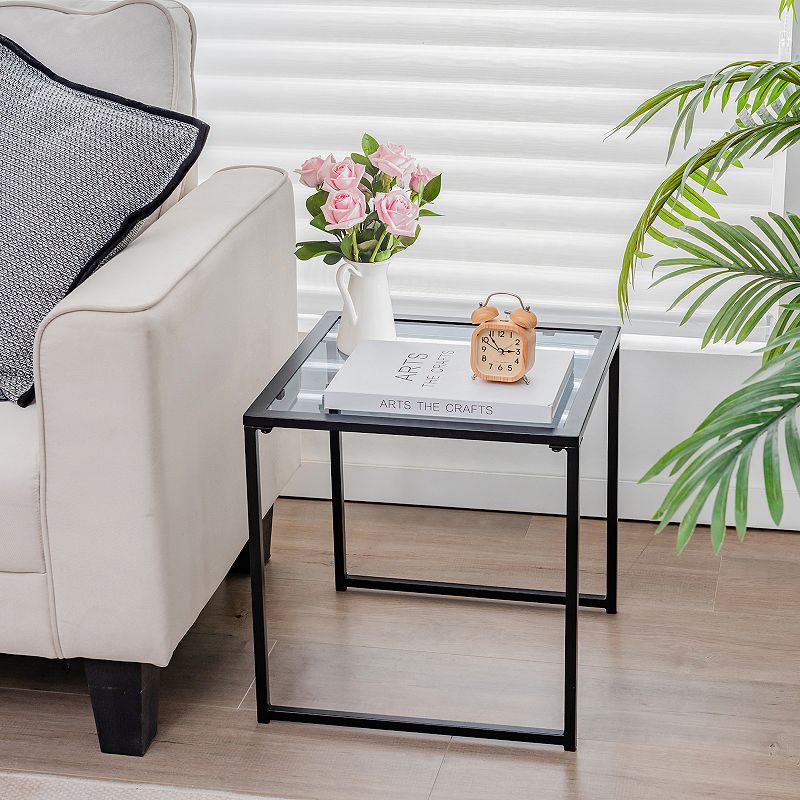 Tempered Glass Side Table With Metal Frame For Indoor And Outdoor