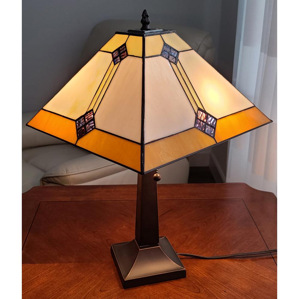 21" Amber Cream and Blue Stained Glass Two Light Mission Style Table Lamp