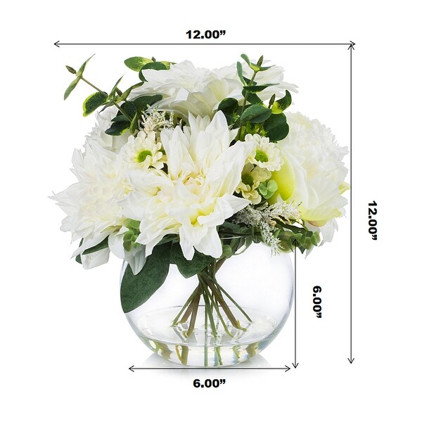 Enova Home Mixed Artificial Dahlia and Peony Silk Flowers Arrangement in Round Glass Vase with Faux Water