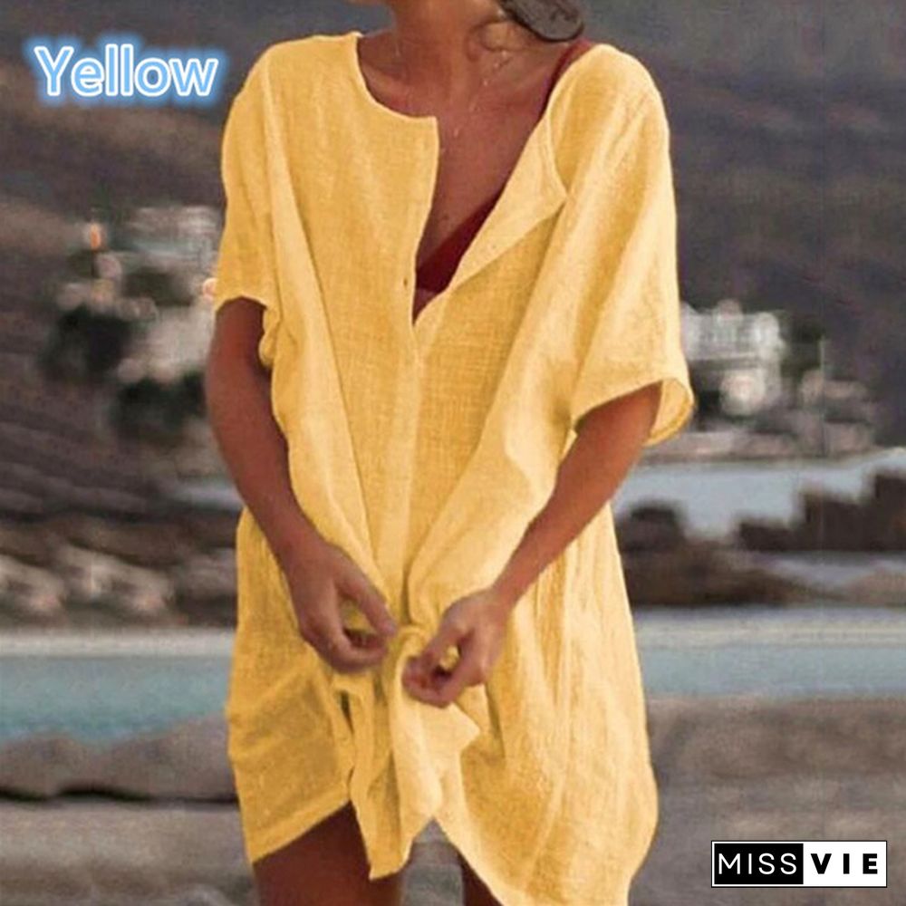 Spring Summer Dresses Plus Size Fashion Clothes Women's Casual Short Sleeve Dresses Beach Wear Robe Femme Swimwear Cover-up Linen Dress Loose Blouses Long T-shirt Deep V-neck Solid Color Bikiini Cover-up Dress Mini Party Dress