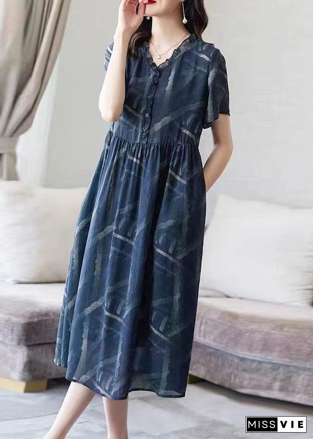 Art Blue V Neck Ruffled Print Patchwork Chiffon Dresses Summer