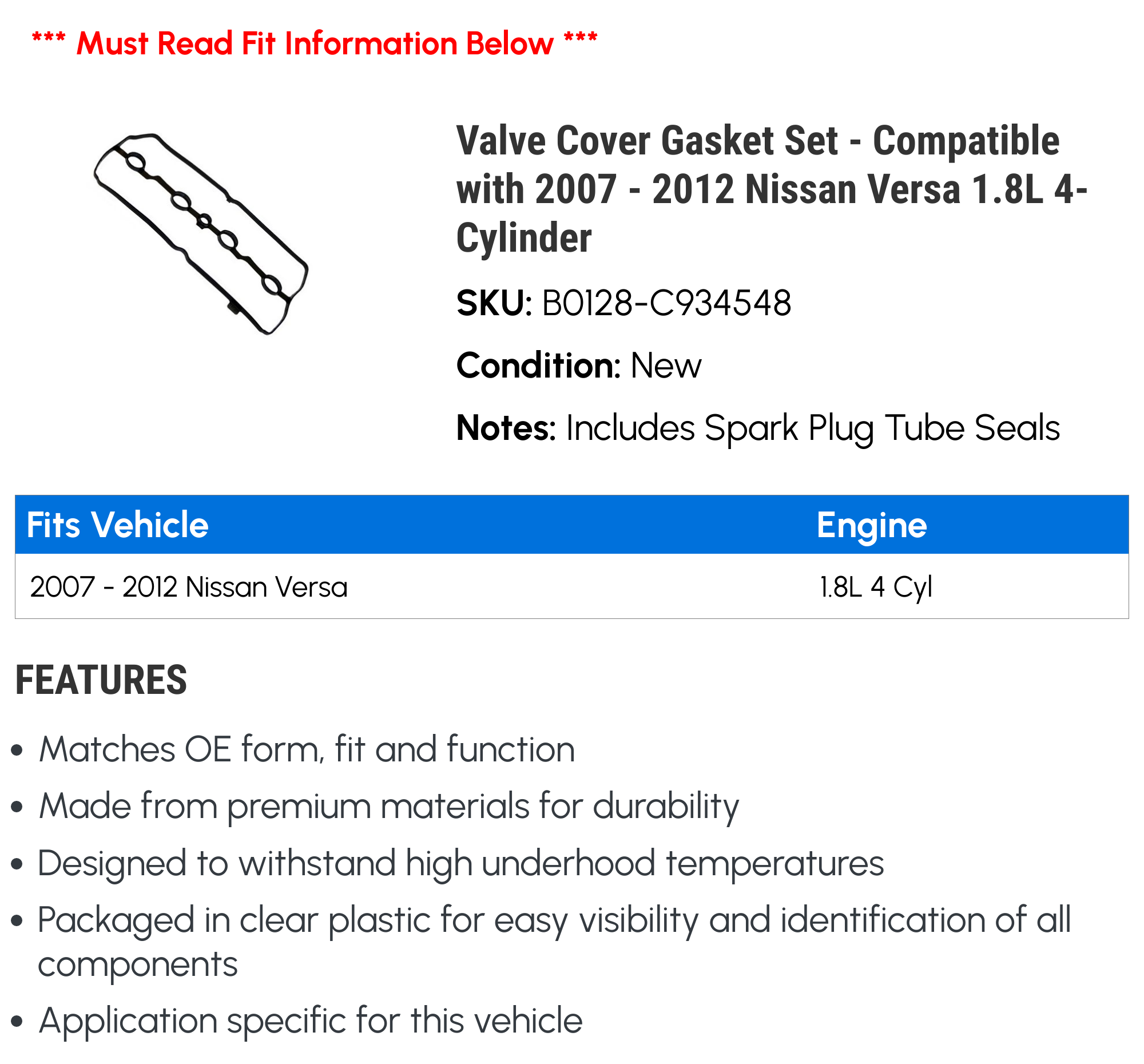 Valve Cover Gasket Set - Compatible with 2007 - 2012 Nissan Versa 1.8L 4-Cylinder 2008 2009 2010 2011