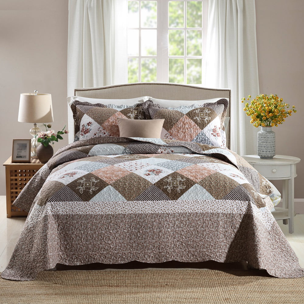 Travan 3-Piece Bedspread Quilt Sets Cotton Oversized Lightweight Coverlet Set， Brown， King