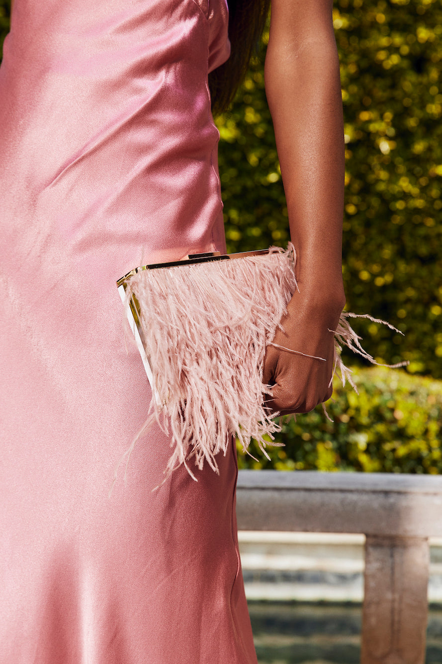 OLGA BERG Estelle Feather Clutch Blush