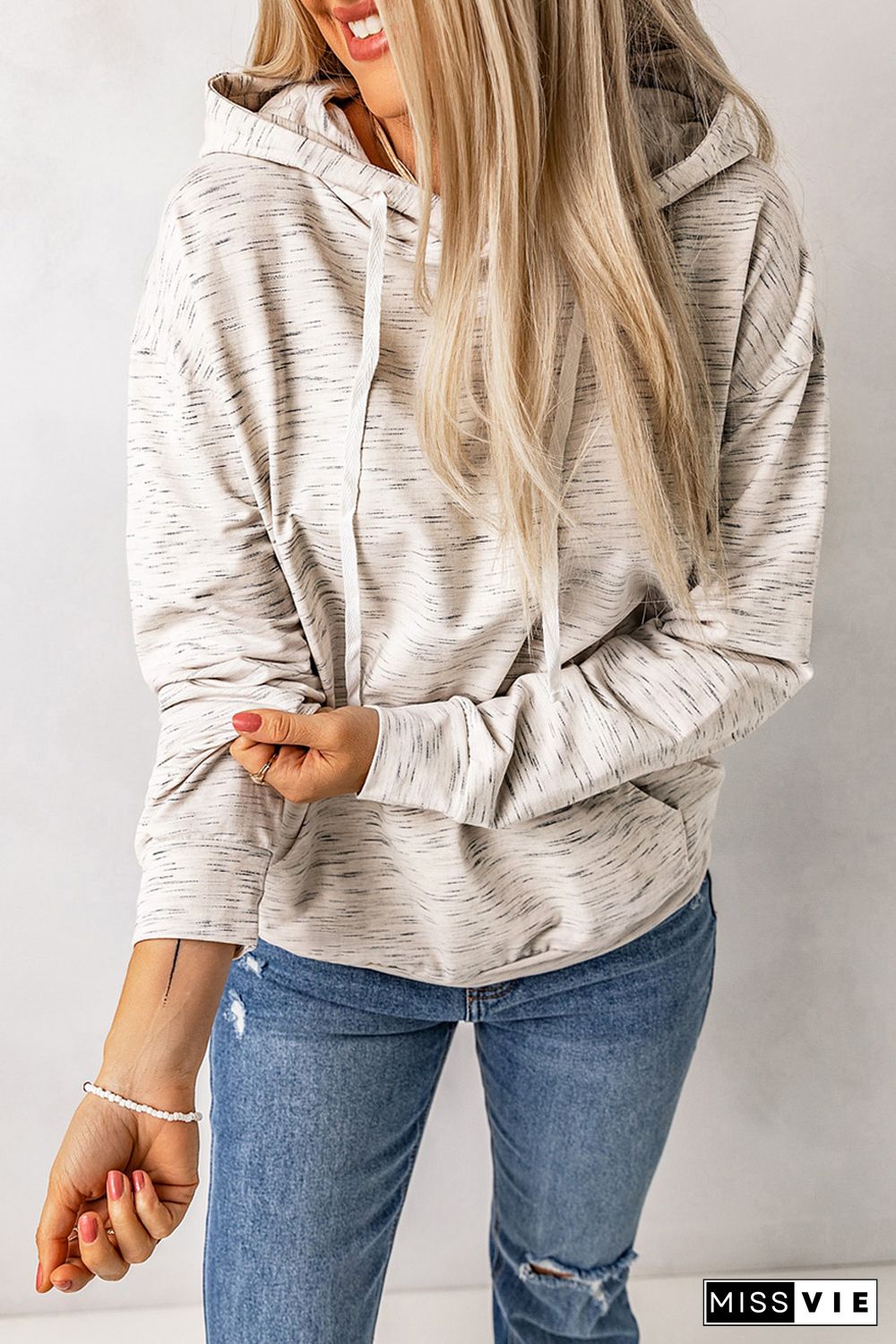 White Marbled Drawstring Cropped Hoodie