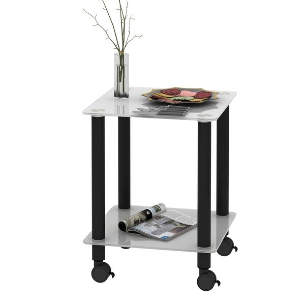 2 Tier End Side Table on Wheels with Storage Nightstand