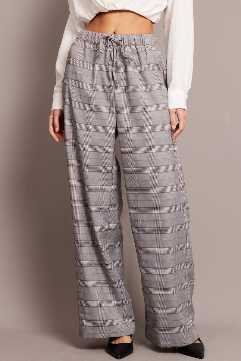 Grey Check Wide Leg Pants Elastic Waist