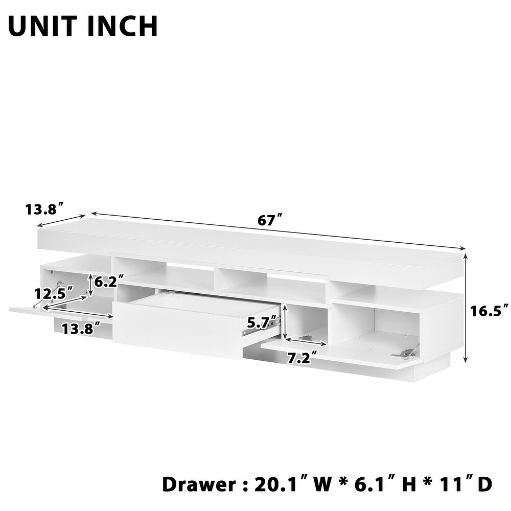 Modern White TV Stand High Gloss Entertainment Center with 4 Open Shelves for 75\