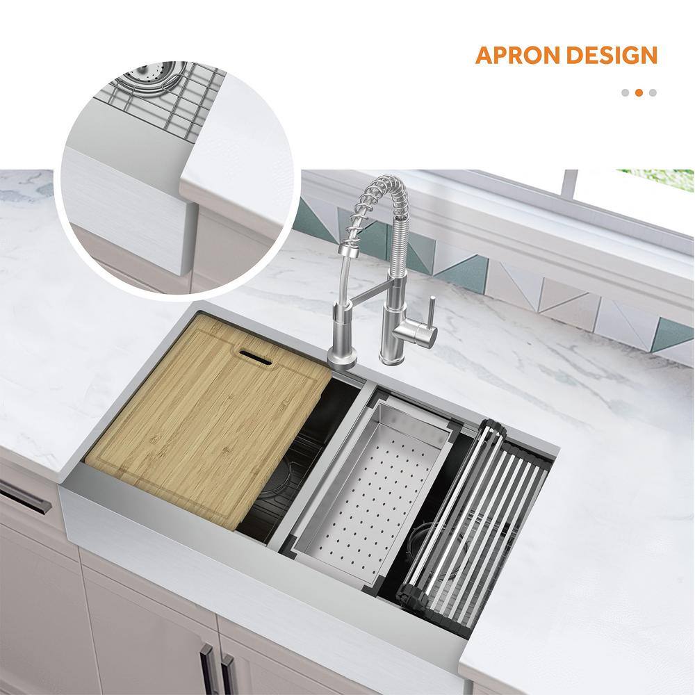 Glacier Bay Professional 33 in Farmhouse ApronFront 16G Double Bowl Workstation Stainless Steel Kitchen Sink with Spring Neck Faucet FSU1ZAS3321A0SA