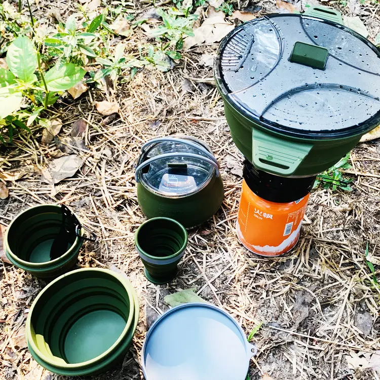 Eco friendly Wilderness Survival Silicone Camping Pot Cookware Set For Outdoor Kitchen Equipment Cookware Set